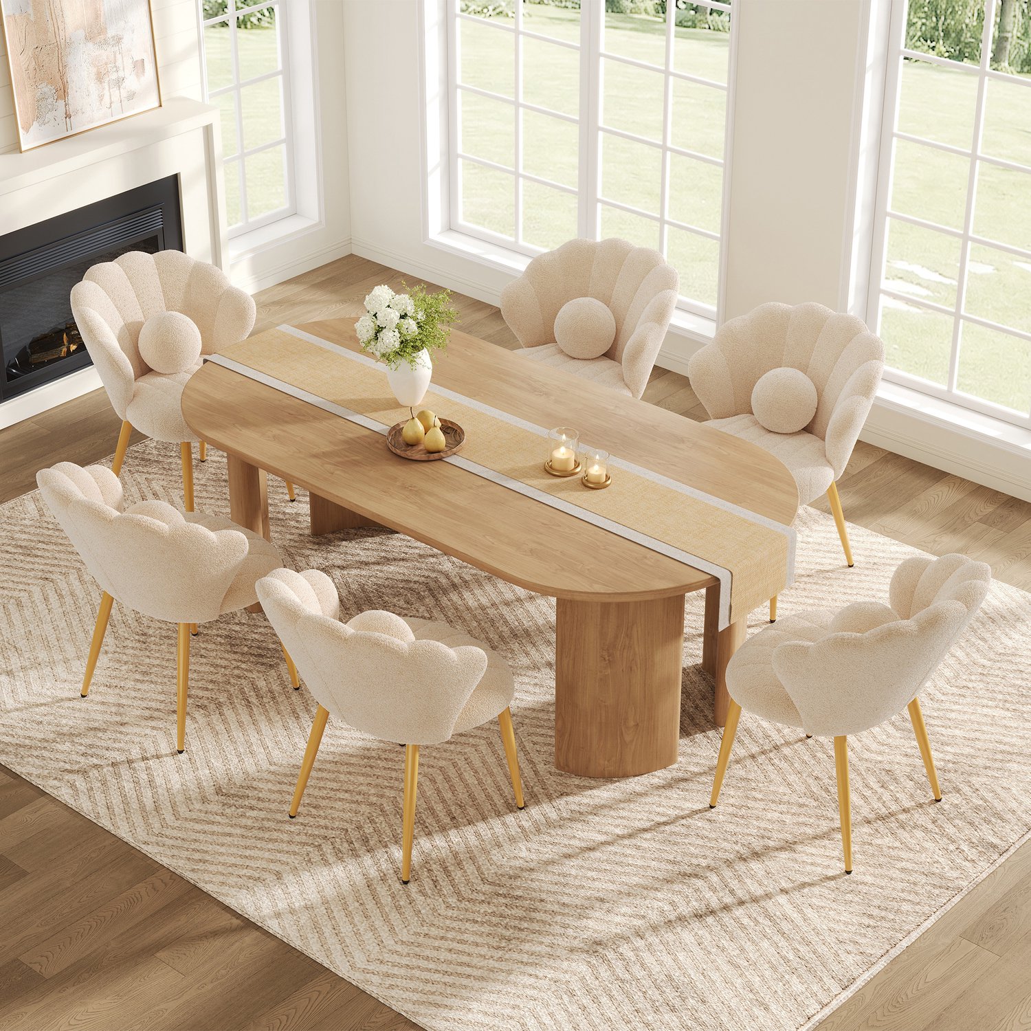 MIVRAY Eetkamerstoel Set Van 6 - Schelpvormige Rugleuning - Teddystof - Beige En Goud
