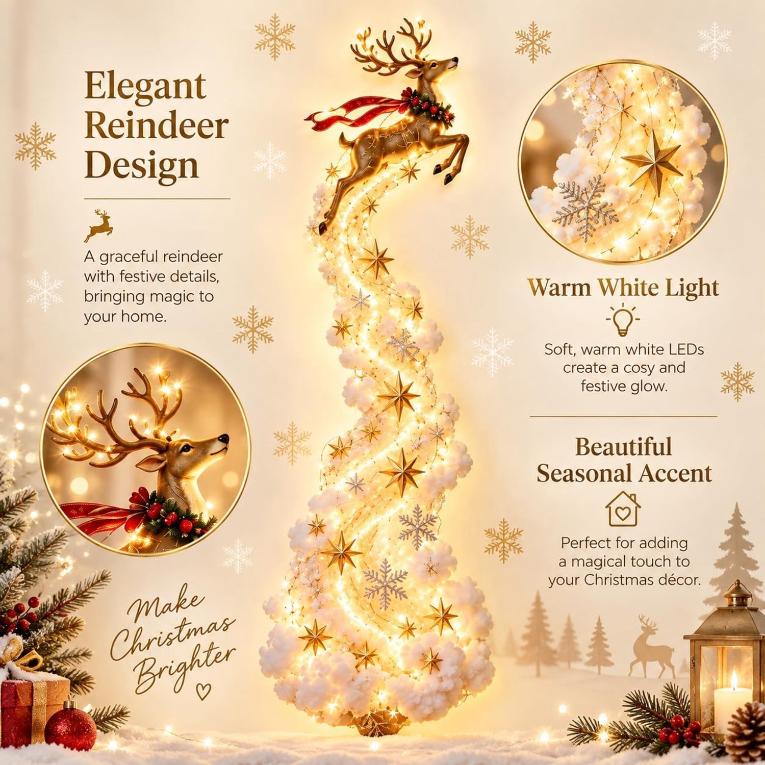 Kerstverlichting Rendier - Knutselpakket DIY Wandhanger - Sfeerlamp Warmwit voor Binnen - Compleet Craft Kit - Handgemaakt Cadeau - Kerstmis December Versiering - Sneeuwman, Kerstman, Reneren Lampen - Binnendeuren Wand Decoratie Lampen - 60cm – foto 3
