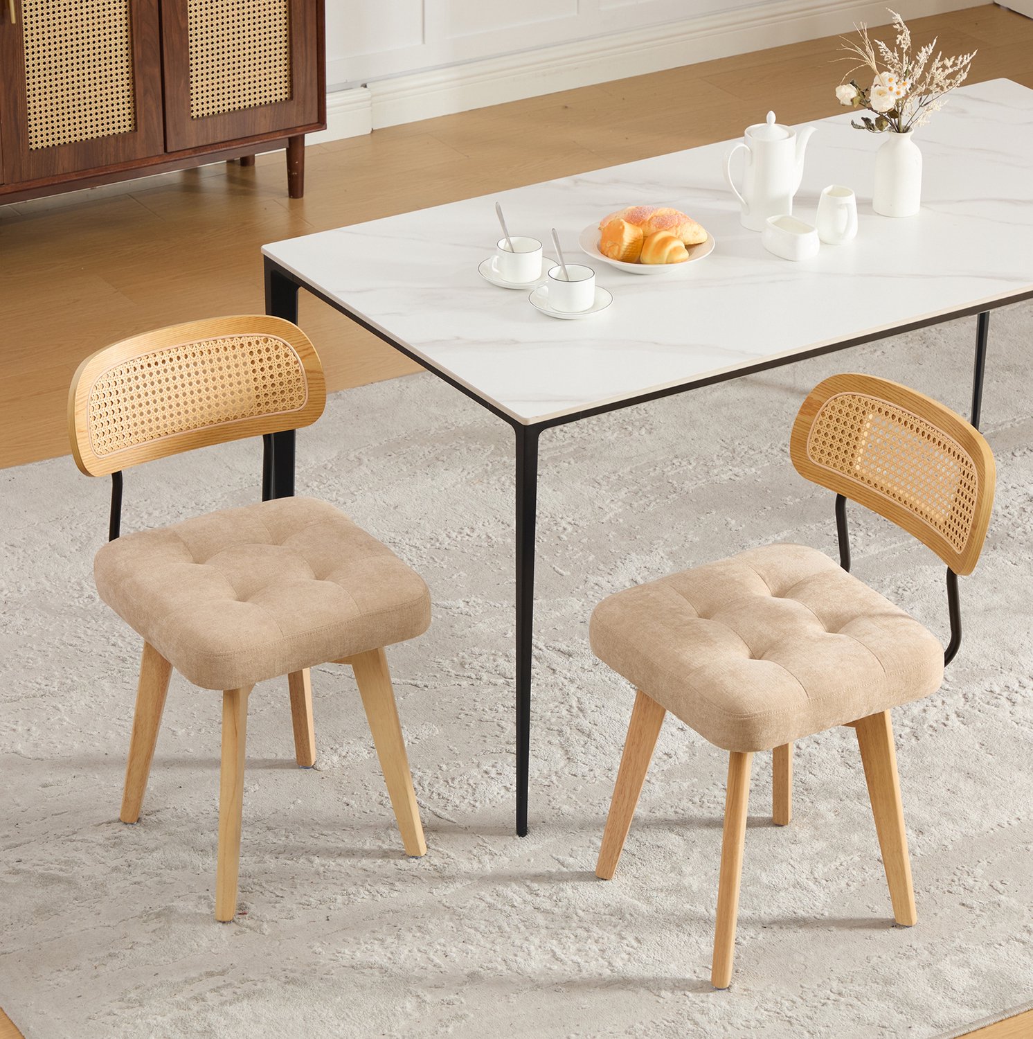 MODFU Eetkamerstoel Set Van 2 - 360° Draaibaar - Rotan Rugleuning - Chenille - Khaki