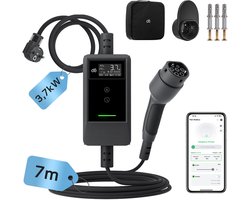 dé Mobiele Thuislader Type 2 met App voor Stopcontact - 3.7kW - 7m TPU Kabel - IP66 - Laadkabel Type 2 naar Schuko - Traploze Laadstroom via App (6A - 16A) - Laadtijd Inplannen