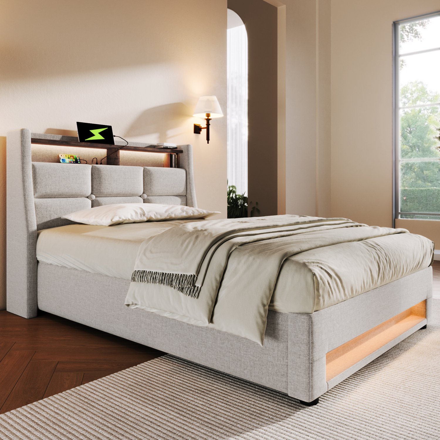 Welltin Eenpersoonsbed 90x200 - Linnen bed met opbergruimte onder lattenbodem - LED-verlichting en 2 USB-poorten - Beige