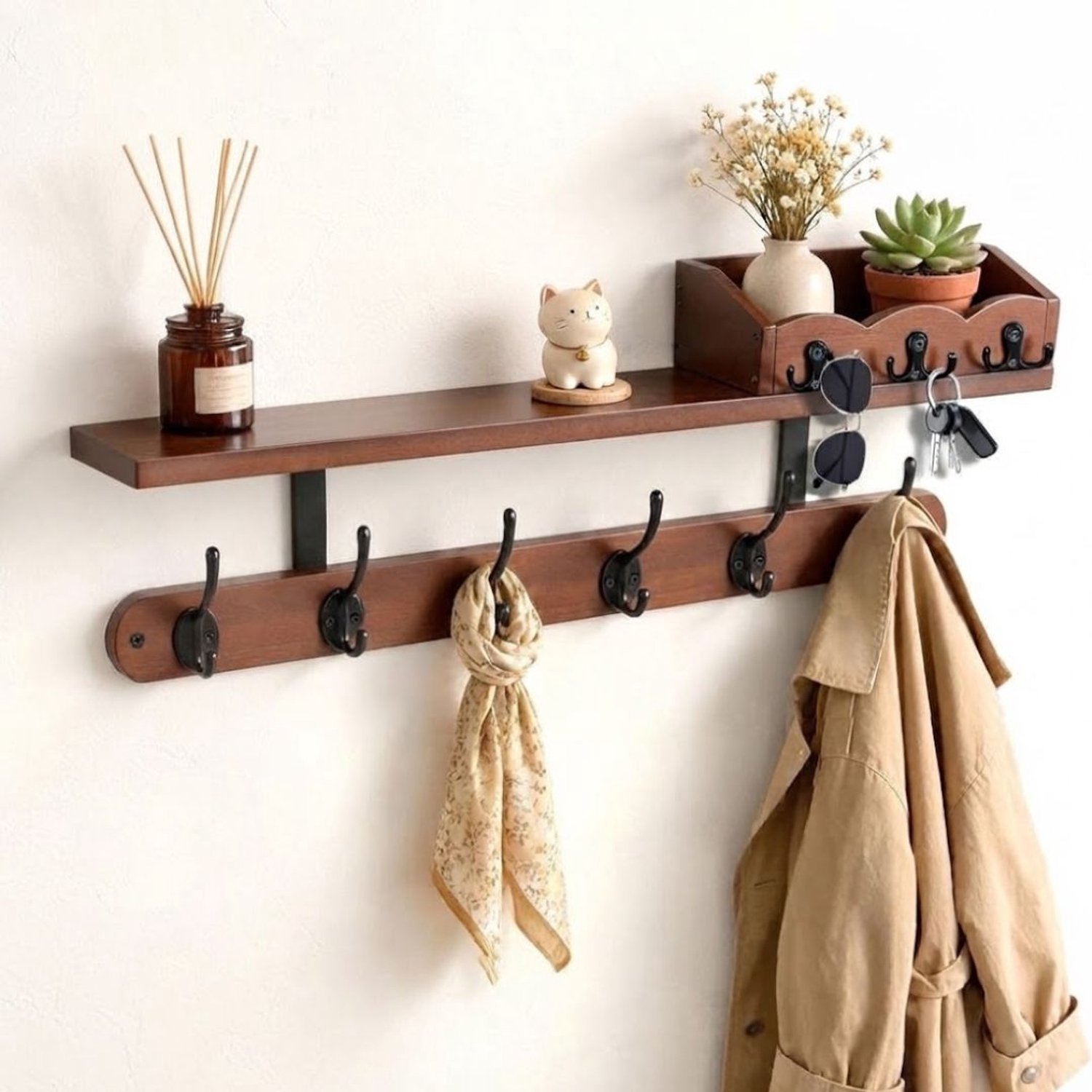 ApexArte® Wandkapstok met Hoedenplank - Kapstok - Wandplank - 9 Haken - Natuurlijk hout en Matzwart Bruin en Matzwart