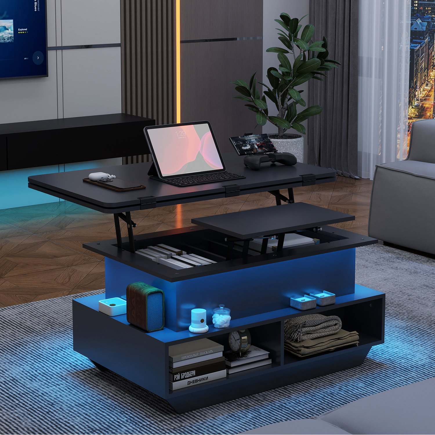 Puluomis Salontafel - Verstelbaar bureaublad - Opvouwbaar bureaublad - RGB Verlichting - Zwart