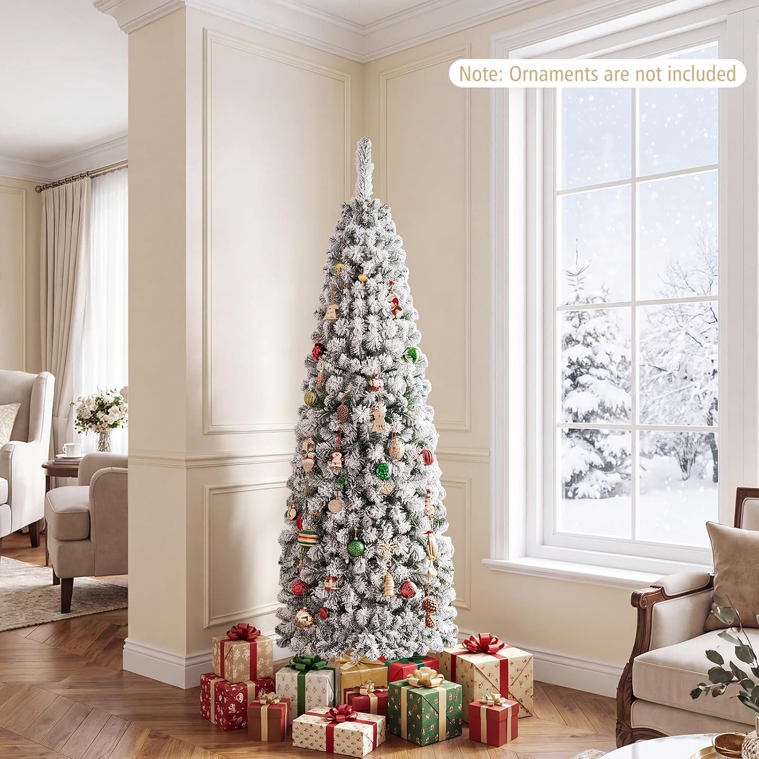 COSTWAY Smalle Kunstkerstboom 180 cm - Potloodkerstboom met 250 Warmwitte LED-lampjes - 500 Takken - Sneeuweffect - Metalen Standaard - Groen en Wit – foto 6
