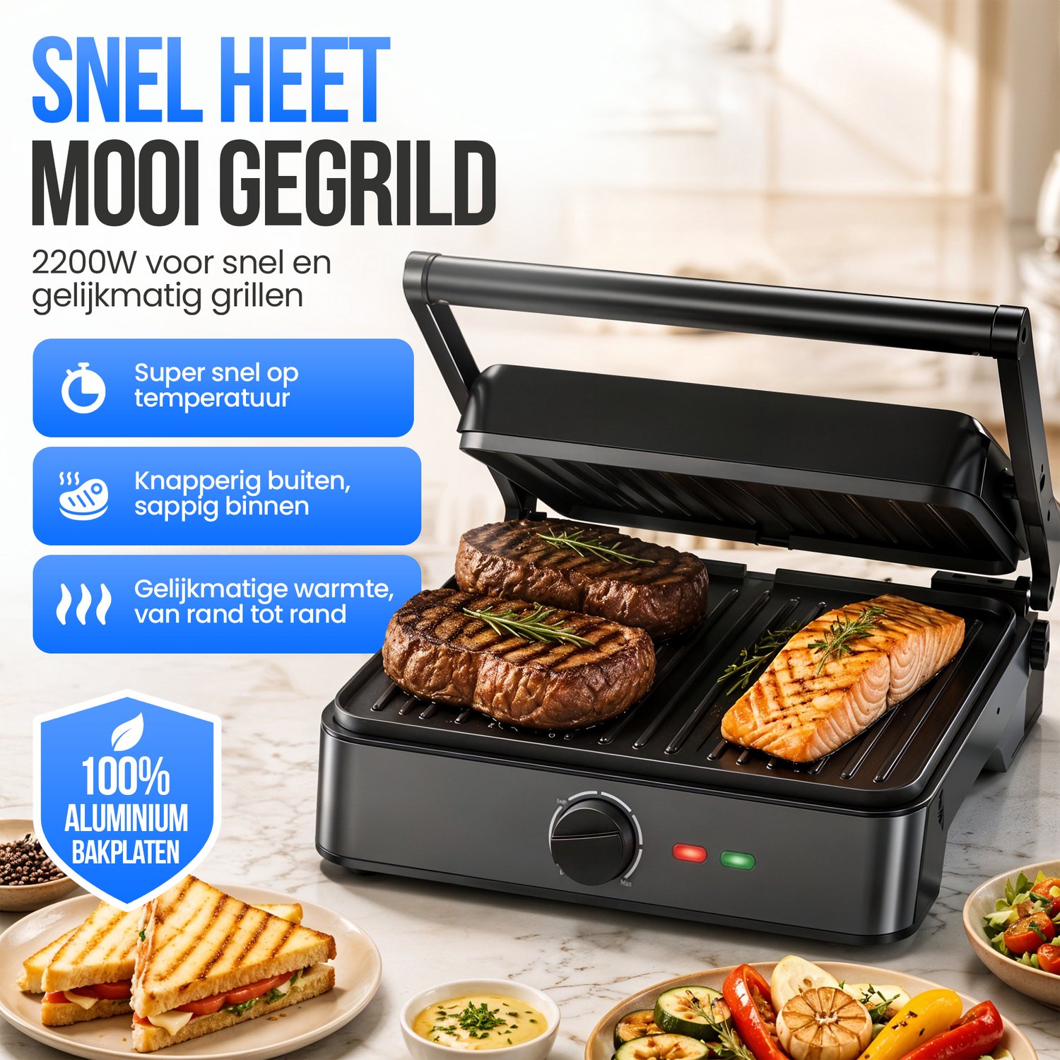 Strex Tosti Apparaat XL Zwart - Met Temperatuurregeling - Contactgrill Groot / Tosti Ijzer / Broodrooster / Grill Apparaat / Panini Grill / Toaster - 2200W thumbnail 4