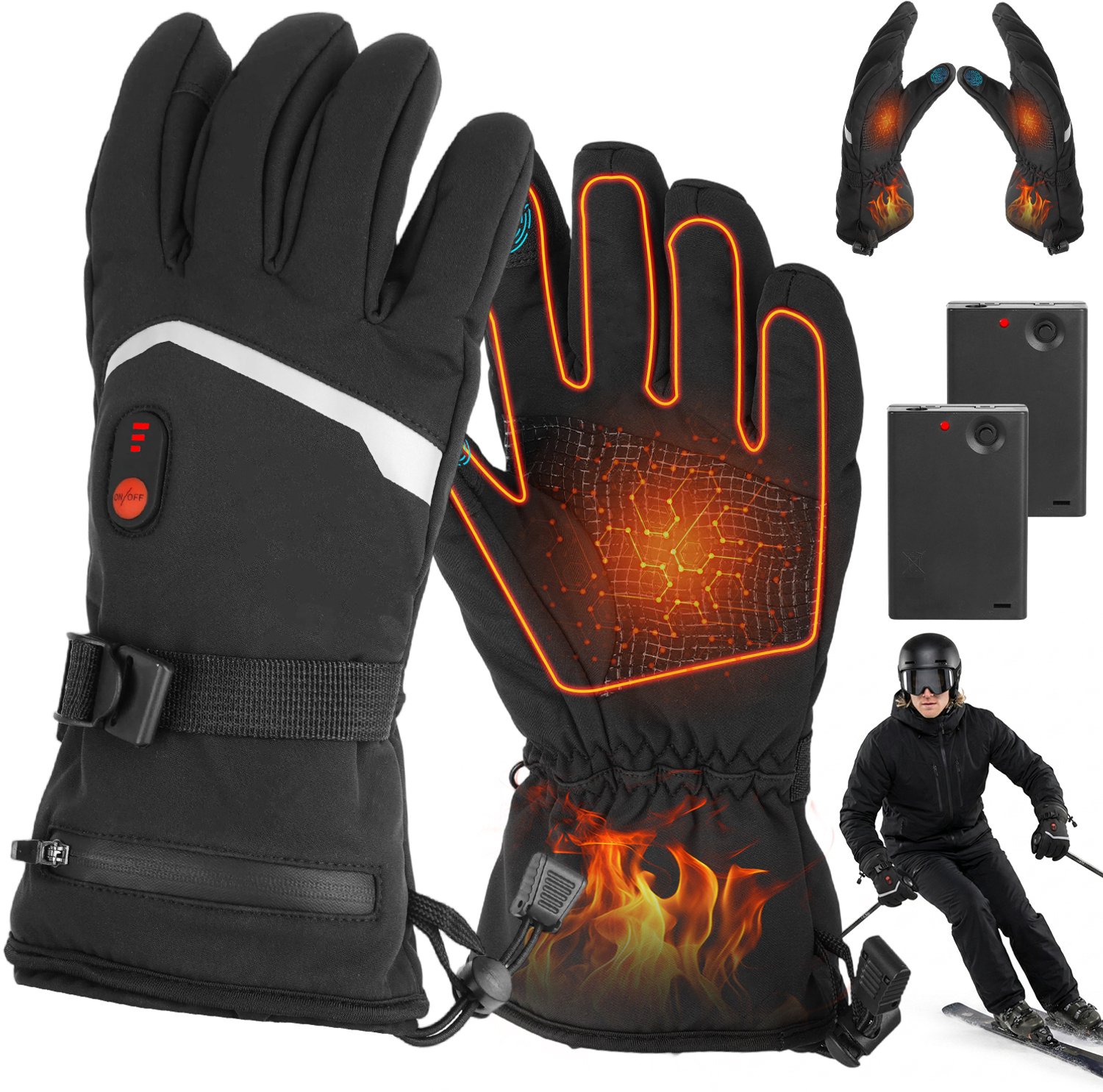 Verwarmde Handschoenen Met 3 Standen En LED-Indicator – Waterdicht En Winddicht En Touchscreen En Antislip – Werkt Op 3x AA Batterijen – Voor Skiën Motorrijden En Wandelen Zwart