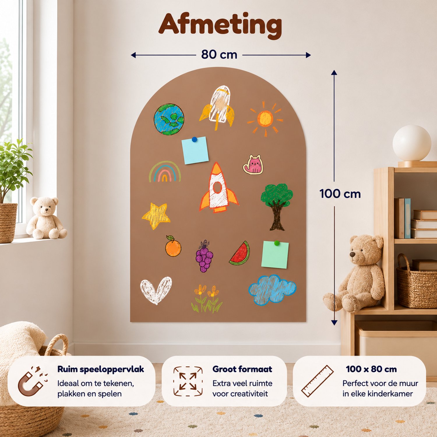 LiasToys Magnetische Muursticker met Krijtbordfunctie – 100 x 80 cm – Magneetbord Muurboog – Bruin — afbeelding 4