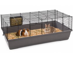 Flamingo Hamsterkooi – Mobi – caviakooi & dwergkonijnenkooi – ruime binnenkooi met hooiruif en diepe bodem – metaal zwart & grijs – 117,5x58x42,5 cm – Europese kwaliteit