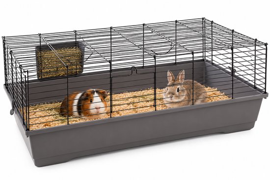 Grijze knaagdierenkooi met zwart traliewerk, een cavia en een konijn op een bodem van zaagsel en een hooiruif.