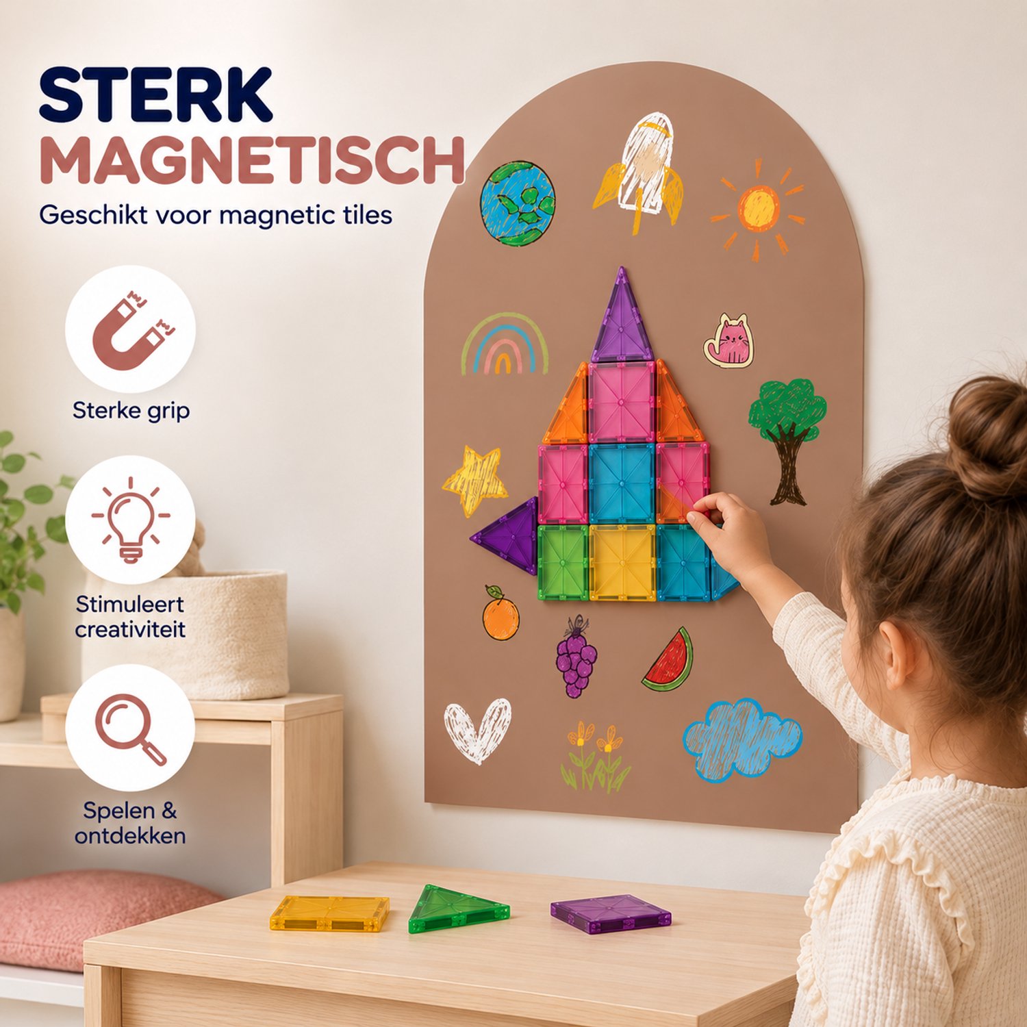 LiasToys Magnetische Muursticker met Krijtbordfunctie – 100 x 80 cm – Magneetbord Muurboog – Bruin — afbeelding 5