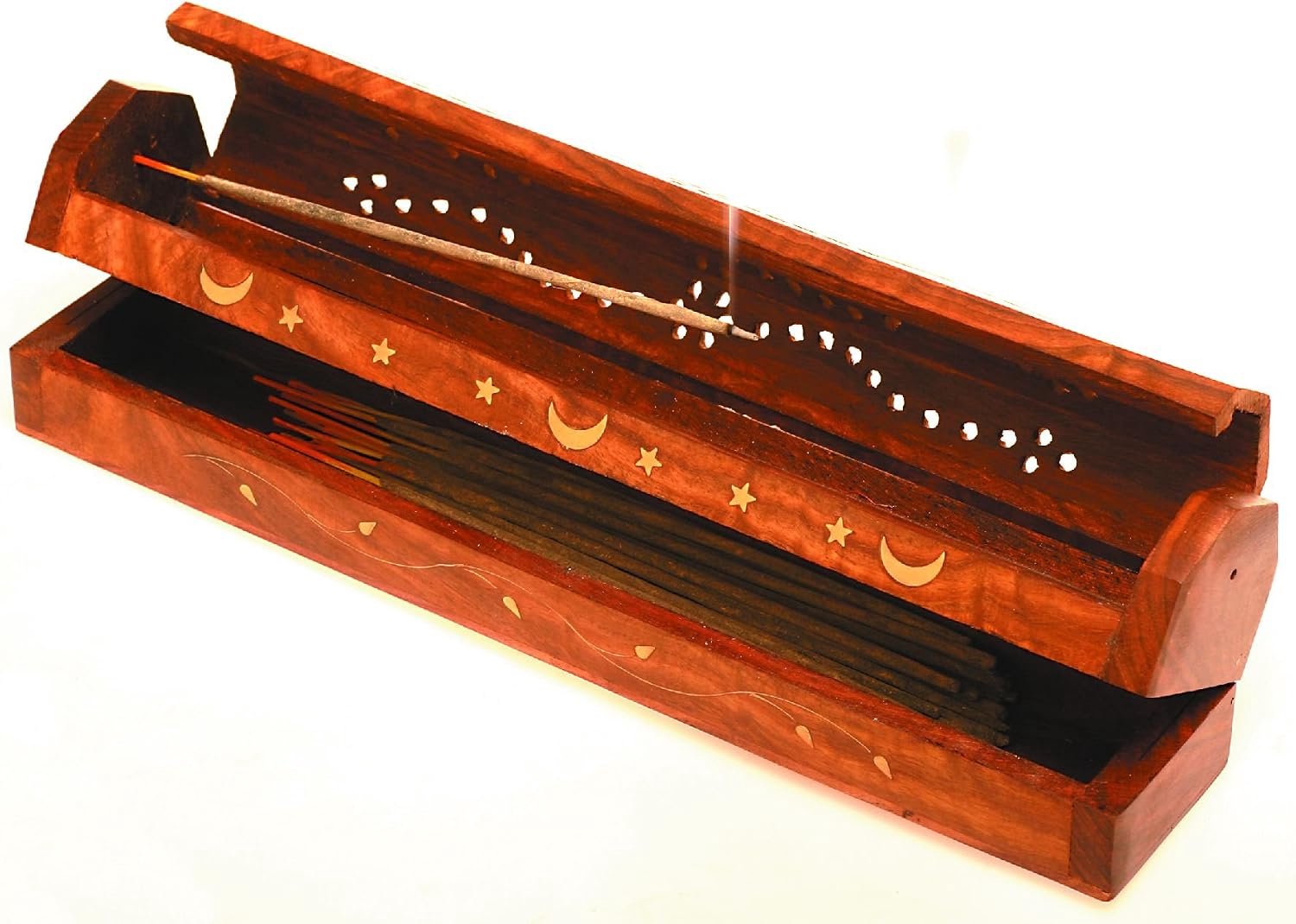 Wierookstokjes houder 30 x 6,5 x 5,5 cm - hout met messing inlegstukken - opslag en gebruik in één - m-winkel