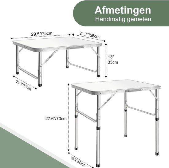 Opvouwbare campingtafel van aluminium, verstelbare hoogte 33‑70cm, draagbare klaptafel voor kamperen, picknick, thuisgebruik, 75x55cm — afbeelding 3