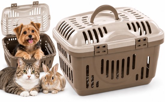 Bruine en beige reismand met ventilatiegleuven, met een Yorkie, een cyperse kat en een konijn.