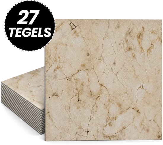 Stapel van 27 beige vierkante tegels met natuursteenlook en het label 27 TEGELS.