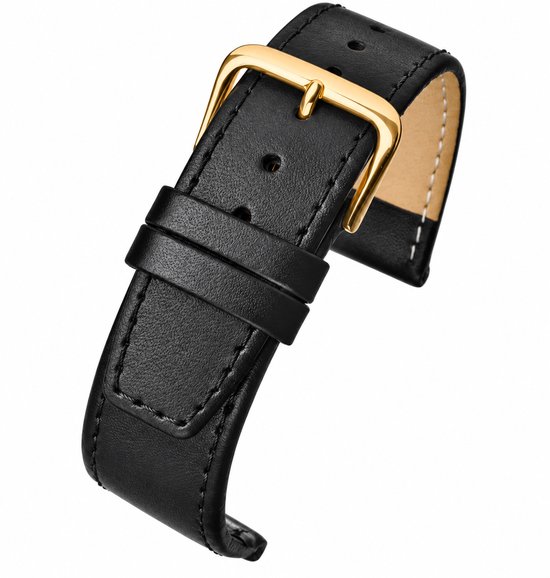 Detailopname van een zwarte lederen horlogeband met een glanzende goudkleurige gesp en zwarte stiksels.