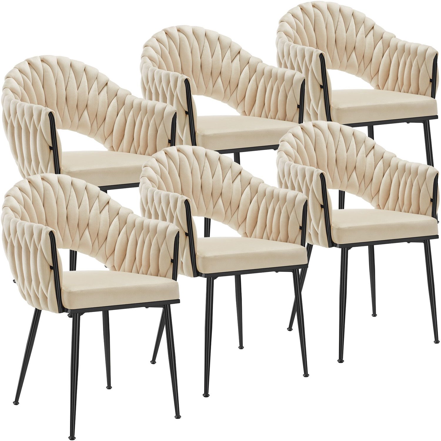 Tectake Eetkamerstoel Caslano - Set van 6 - Eetkamerstoelen met Fluwelen Bekleding - Doorlopende Rugleuning en Armleuning met Vlechtwerk - Slanke Stalen Poten - Draagkracht 150 kg per Stoel - Zandkleur/Zwart