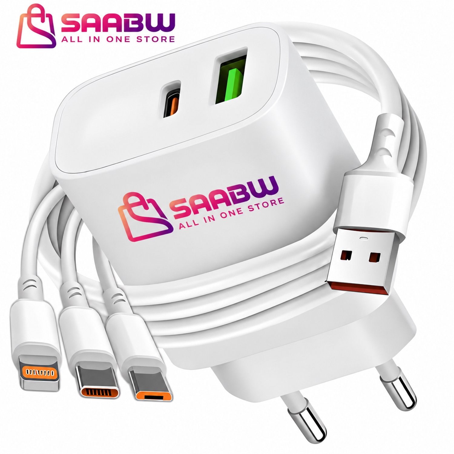 20W USB-A en USB-C Oplader met 3-in-1 Kabel – Snellader met Quick Charge 3.0 en Power Delivery, Lightning USB-C Micro-USB, Dubbele Poort, Witte Adapter – 79684