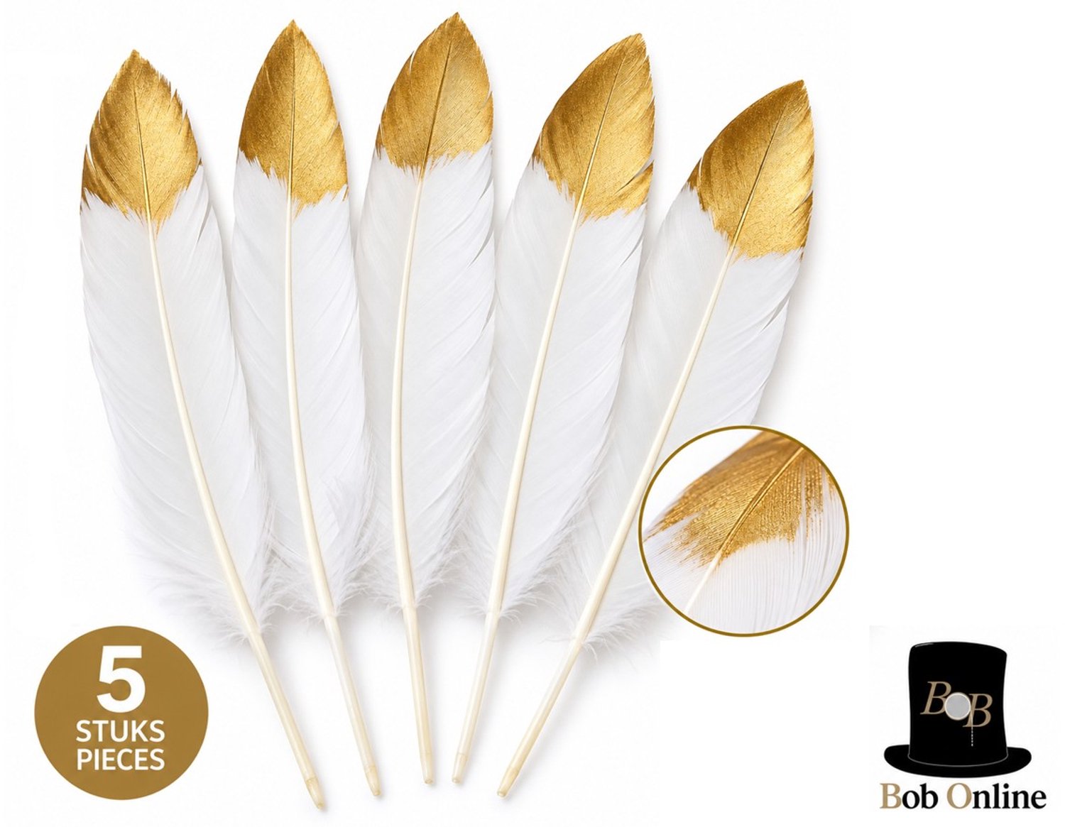 Bob Online™ Witte Veren met Gouden Punt – 20 cm – Set van 5 – Decoratieve Veren voor DIY, Bruiloft, Feest, Tafeldecoratie & Knutselen - White Feathers with Gold Tips