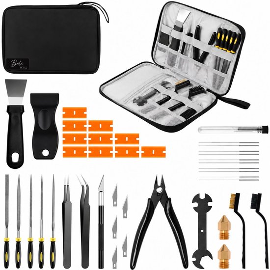 Complete 34-delige BOTC 3D-printergereedschapset met etui, schrapers, vijlen, nozzles, pincetten en reinigingsnaalden.