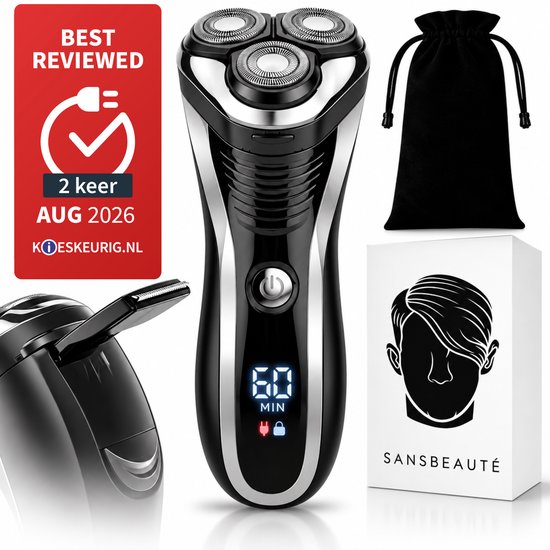 Sansbeauté elektrisch scheerapparaat met drie roterende koppen, LED-display, precisietrimmer, reisetui en doos.