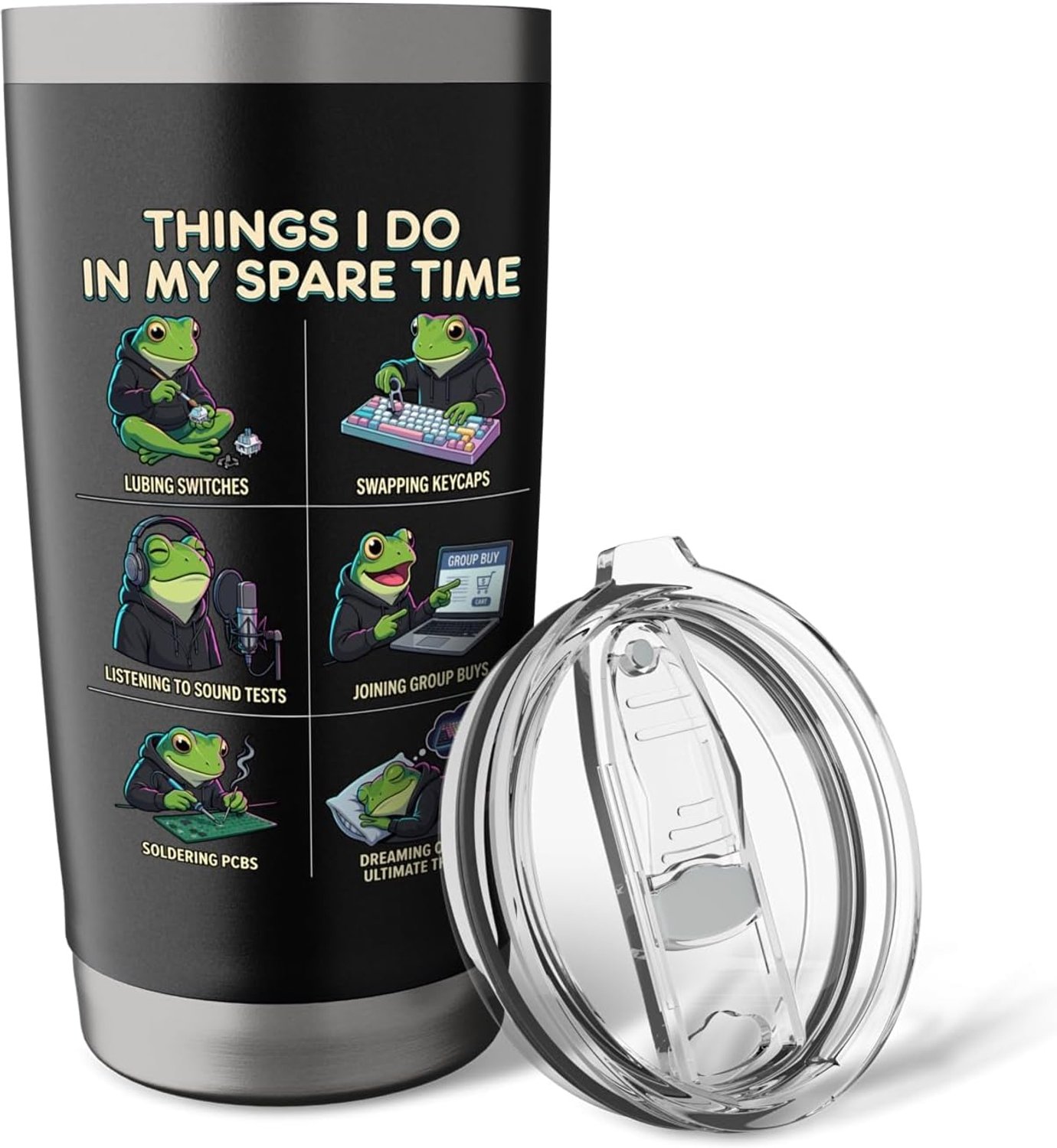Toetsenbord "Things I Do In My Spare Time", dubbelwandige roestvrijstalen thermosbeker met kikkerhumor