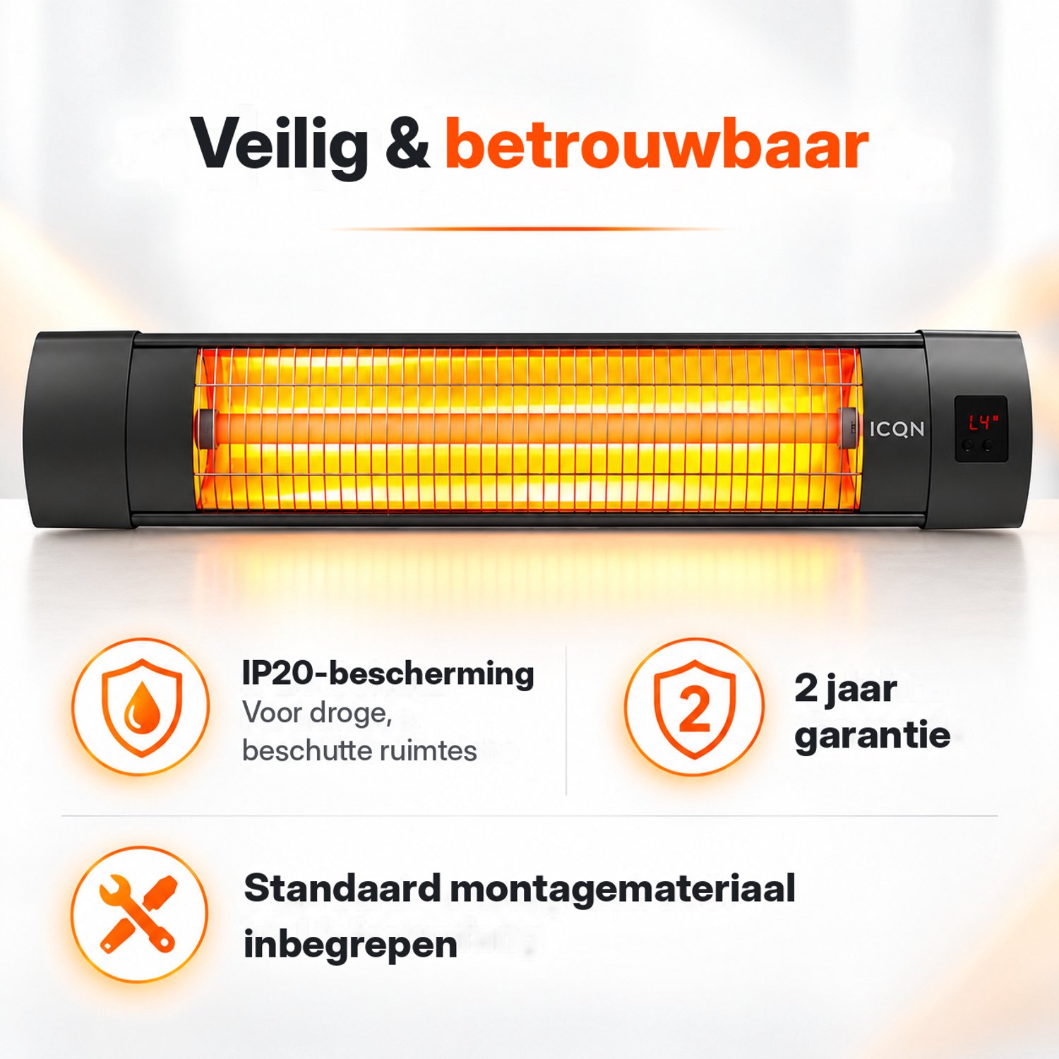ICQN Infrarood Terrasverwarmer met Afstandsbediening - 2300W - 4 Standen - Water en stofbescherming - Voor Binnen en Buiten - Elektrische Kachel - Zwart – foto 2