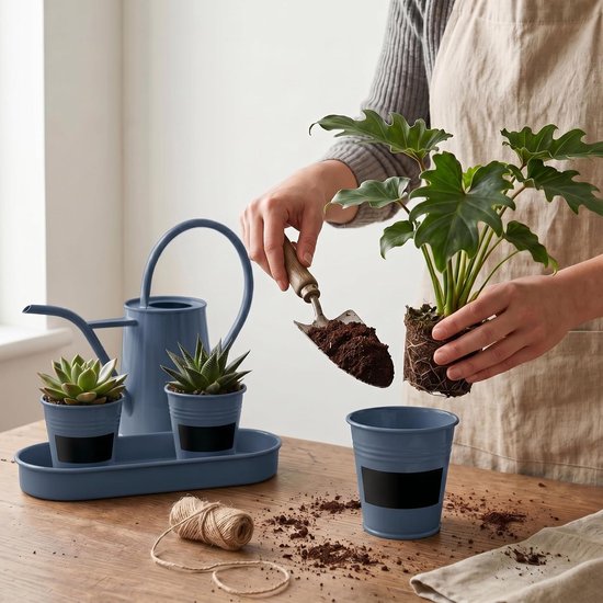Mini-gieter en potset, roestvrij verzinkt ijzer, compact, voor binnen, voor cactussen, kruiden en kleine planten. — afbeelding 2
