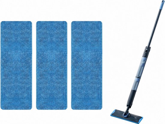 Blauwe microvezel dweil met sproeimop; inclusief drie extra vervangbare blauwe dweilpads.