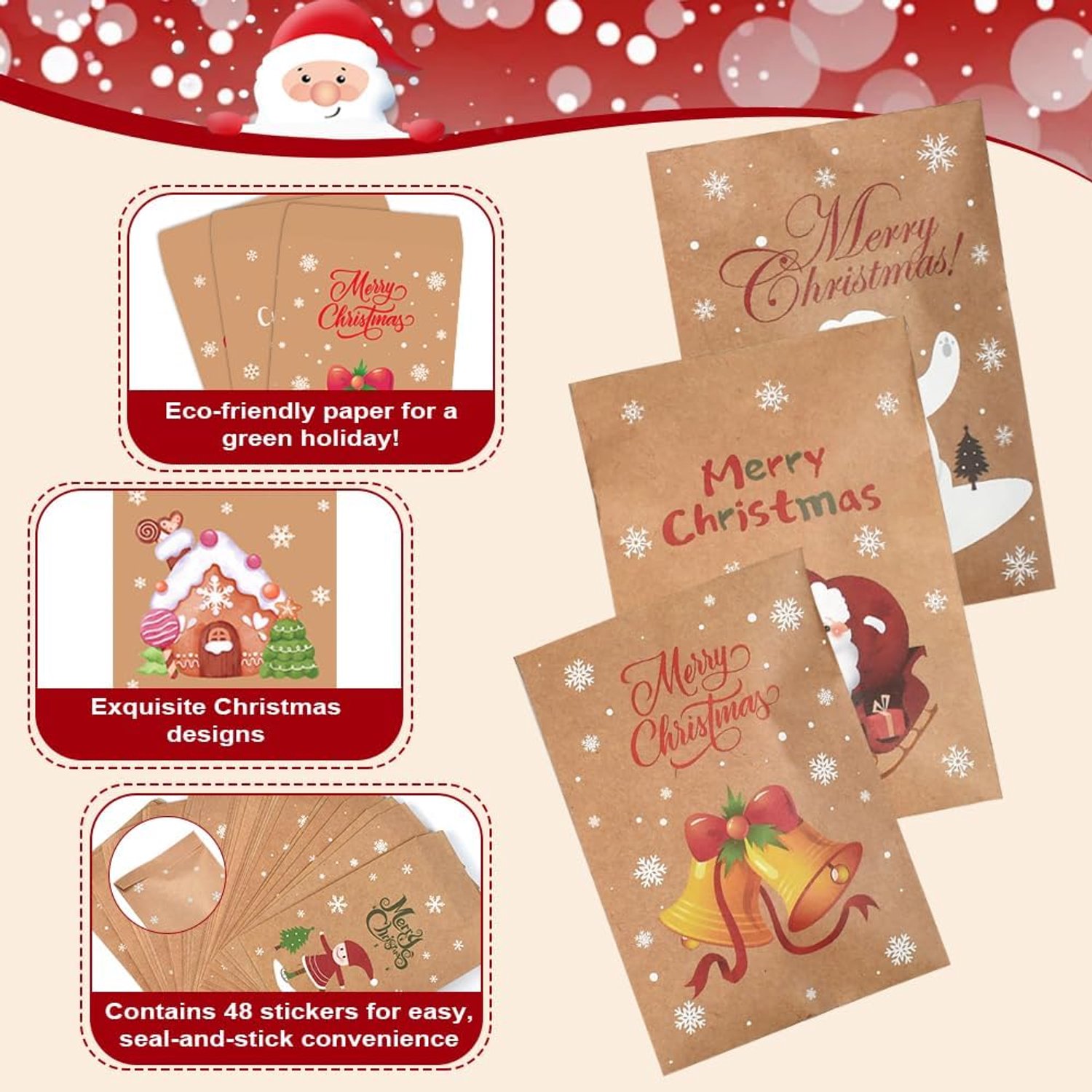 Kerstcadeauzakjes - 48 Stuks - Papieren zakjes - Kerstzakjes - Papieren Tassen - DIY Adventskalender - Kleine cadeautasjes - Mini Kerstgiftzakjes met Stickers - Snoepzakjes voor koekjes, bonbons, chocolade en andere feestartikelen - 11 x 7,7 cm – foto 8