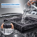 Grijze microvezeldoek die 5 liter water absorbeert, getoond terwijl deze water opneemt en wordt uitgeknepen.