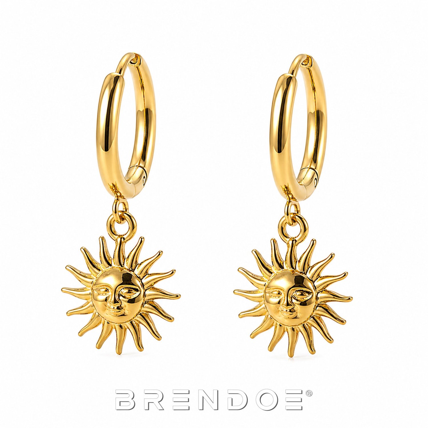 Brendoe Goudkleurige Zon Hangoorbellen Dames – 304 RVS Oorringen met Zon Hanger – Elegante Oorbellen