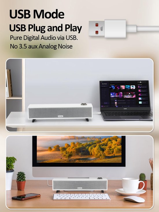 Computerluidsprekers, 10 W pc-soundbar, USB-gevoede Deaktop-luidsprekers, Bluetooth 5.0 en RCA-ingangsluidsprekers voor desktop, laptops, fonograaf, telefoons, tablets — afbeelding 4