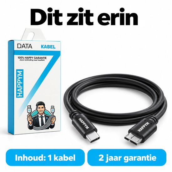 Verpakkingsdoos met HAPPYM USB-C naar Micro-B 3.0 kabel, 2 jaar garantie.