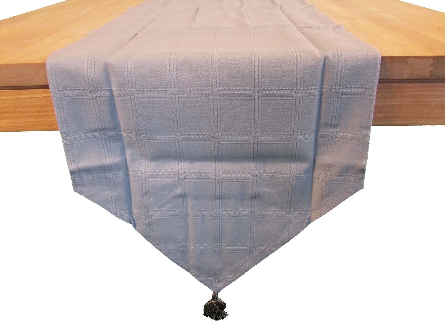 Tafelloper Marlyn - 40 x 170 cm - kleur 35 - lichtgrijs - 100% katoen - met ingeweven blokkenpatroon en kwastjes aan uiteinden