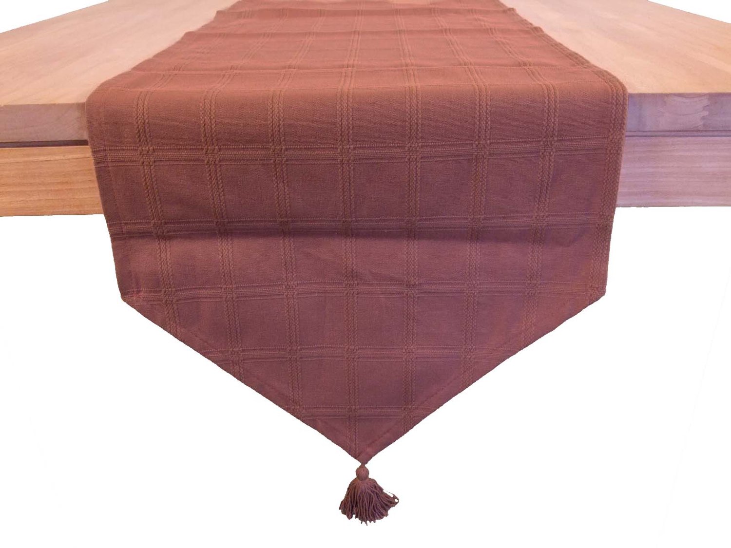 Tafelloper Marlyn - 40 x 170 cm - kleur 7 - middenbruin - 100% katoen - met ingeweven blokkenpatroon en kwastjes aan uiteinden