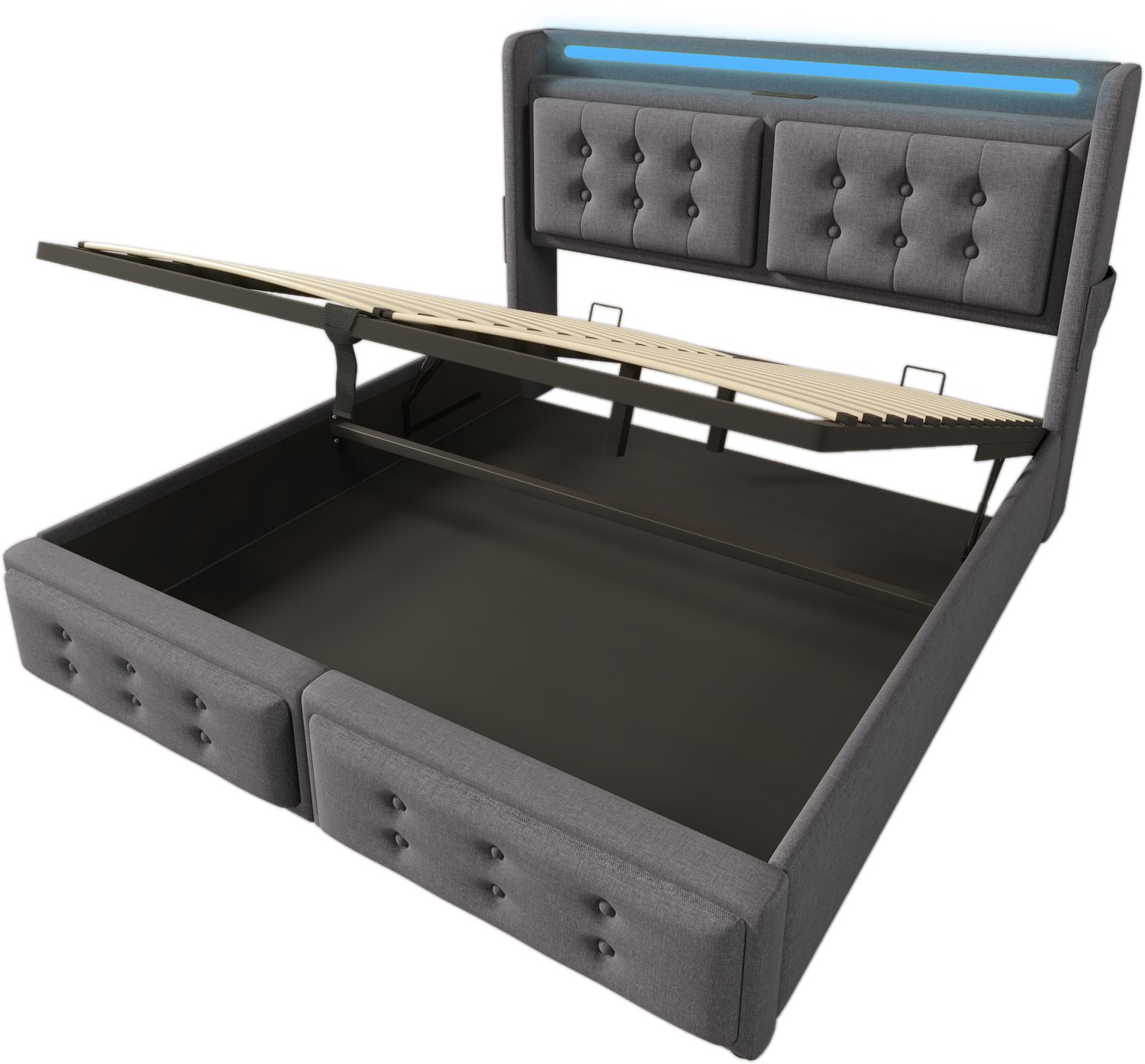 Welltin Gestoffeerd bed 140x200 cm-bed met led-hoofdbord-bed met hydraulische opbergruimte-bed met USB-C oplaadaansluiting – slaapkamer – 141x222x109 cm – grijs