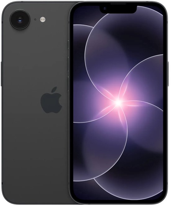 Zwarte smartphone met een abstract paars bloempatroon op het scherm, getoond vanaf de voor- en achterkant.