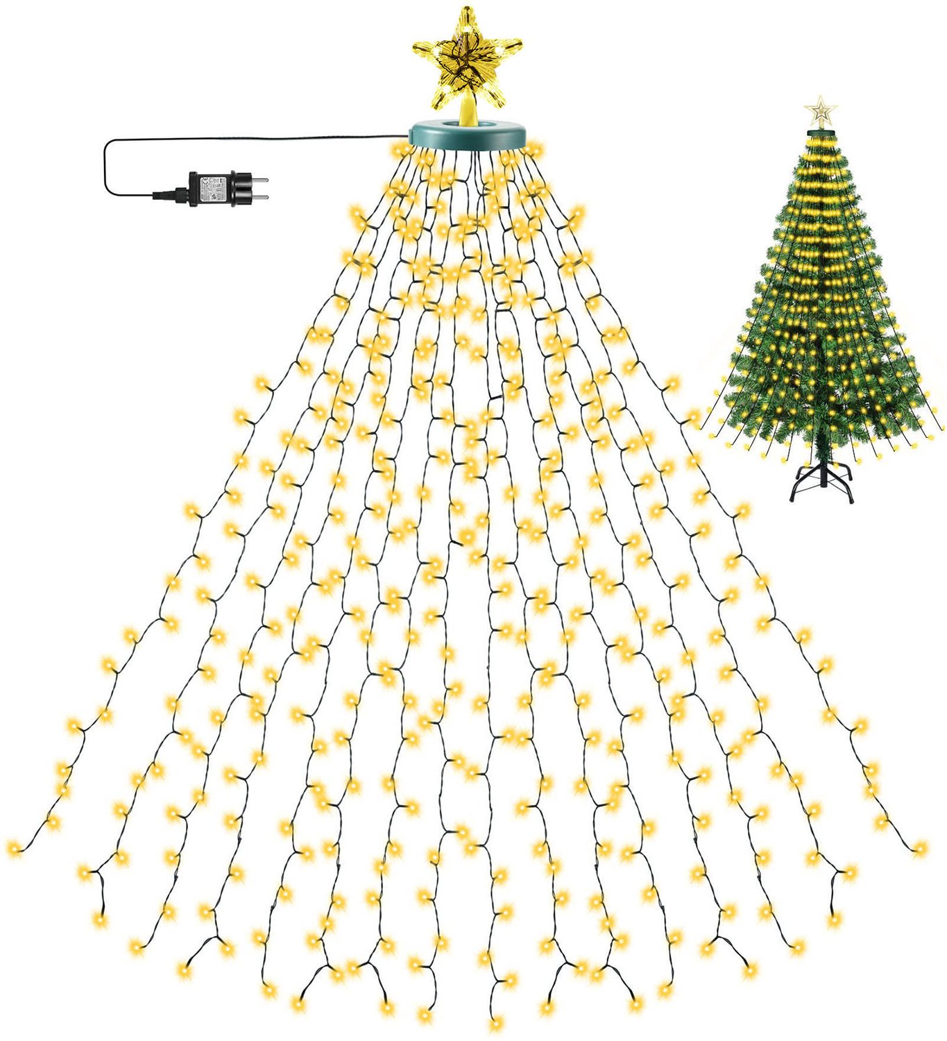 Lapamax Lichtsnoer voor Kerstboom met Verlichte Topster en 8 Lichtstanden - Kerstboomverlichting met 16 Strengen en Timer met Geheugenfunctie - Feestverlichting voor Huis, Tuin en Balkon - Warmwit - 3 m - 490 LED's