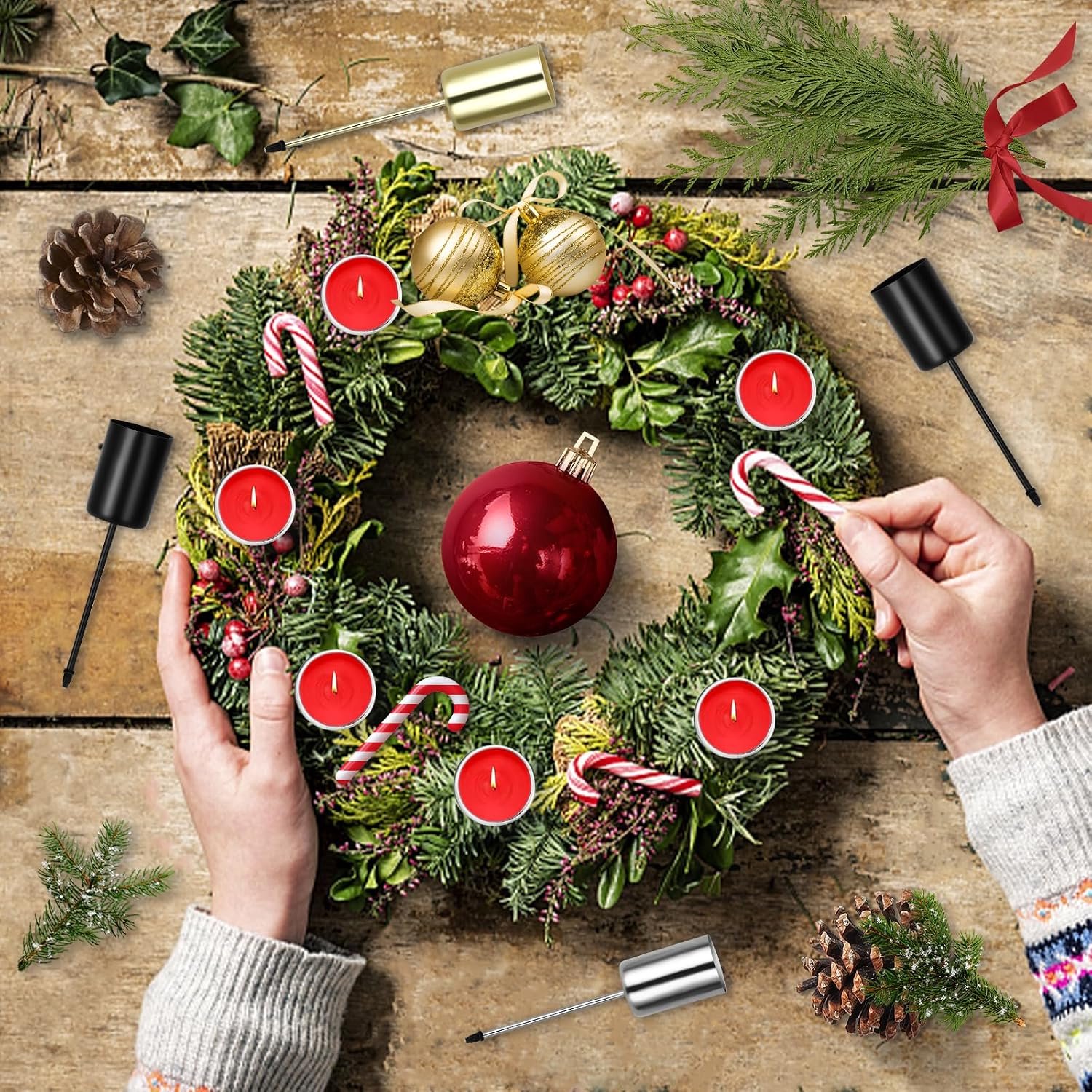 Set van 8 adventskranskaarsenhouders met een diameter van 2,5 cm, metalen taps toelopende kaarsenhouders met pin voor het zelf maken van een adventskrans. Kerstversiering,zilver – foto 4
