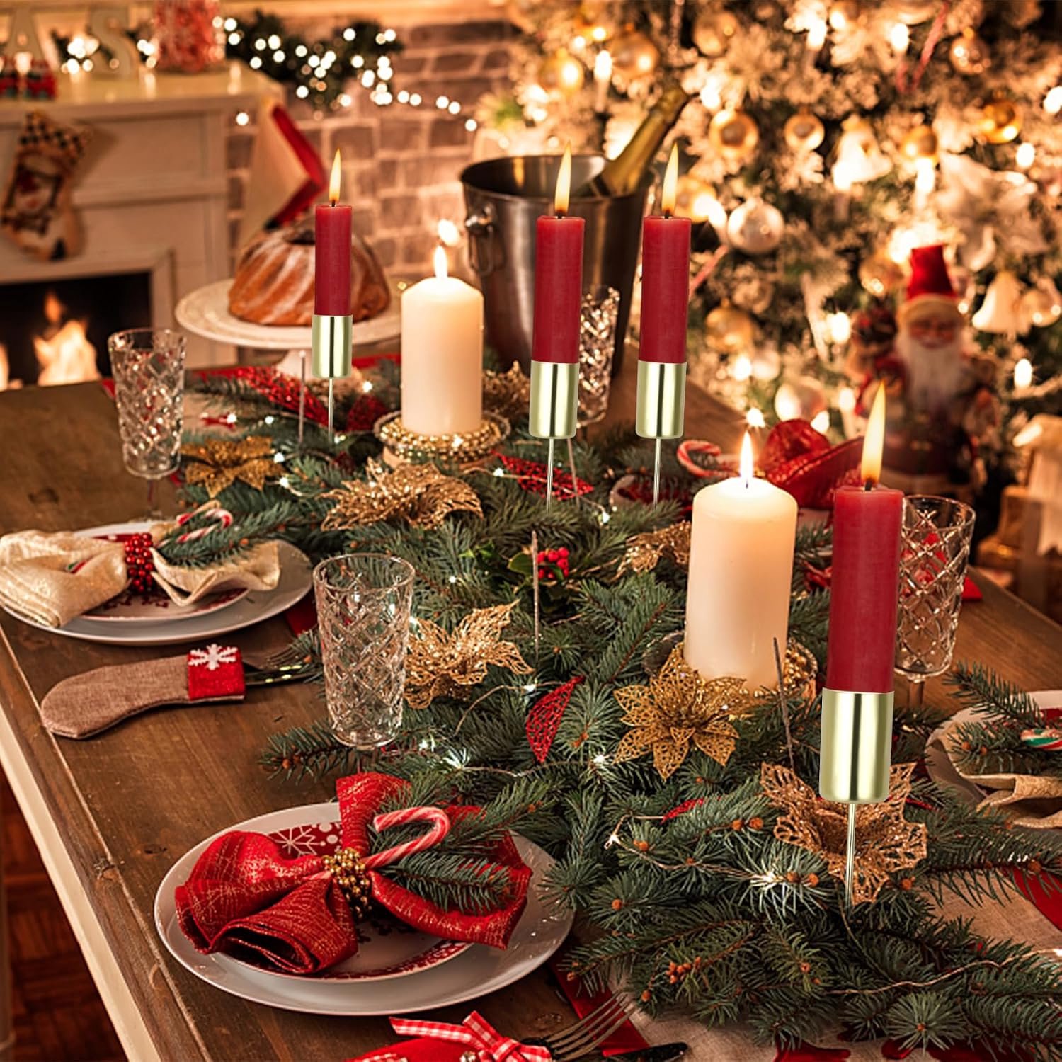 Set van 8 adventskranskaarsenhouders met een diameter van 2,5 cm, metalen taps toelopende kaarsenhouders met pin voor het zelf maken van een adventskrans. Kerstversiering,goud – foto 3
