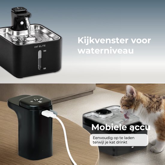Zwarte Cat Elite drinkfontein met waterniveau-kijkvenster en opladen tijdens gebruik.