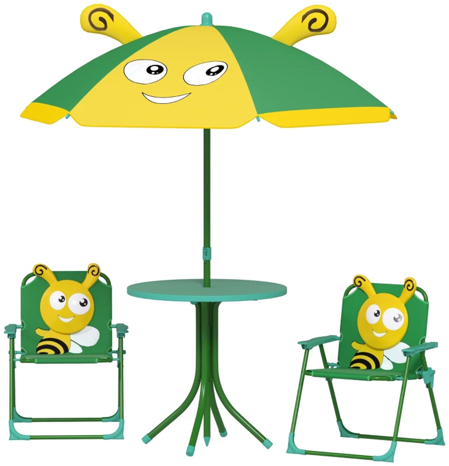 Kindertuinmeubelset - Tafel en stoelen met parasol - Bijenmotief - Groen en geel