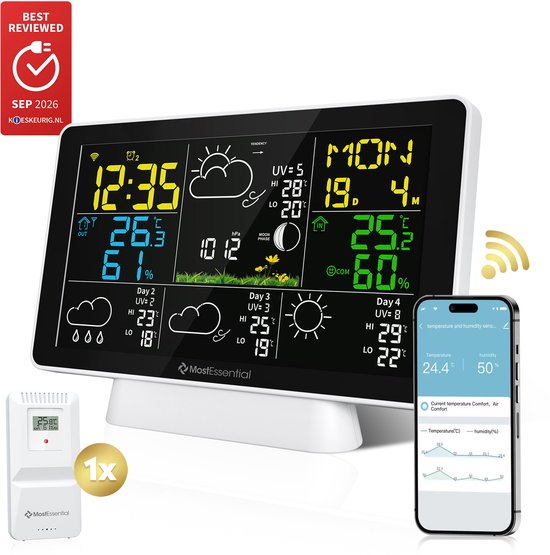 Wit digitaal weerstation met gekleurd display, buitensensor en smartphone-app toont tijd, temperatuur en vochtigheid.
