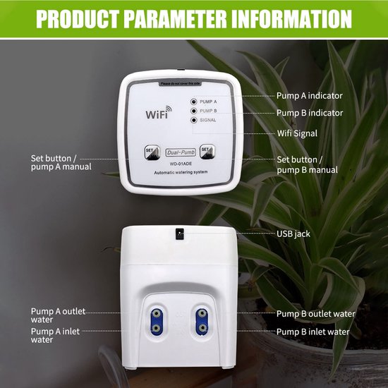 Wifi Druppelirrigatiekit voor 20 Potplanten, Afstandsbediening Dubbele Pomp, Automatisch Watersysteem met Instelling van Waterparameters, Elke Pomp Onafhankelijk Geregeld — afbeelding 4