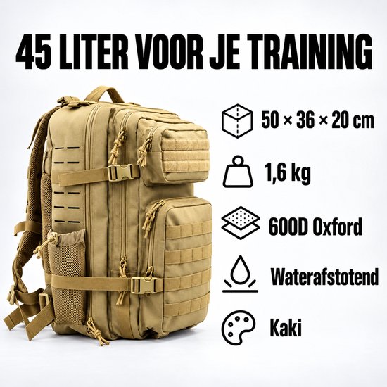 Kaki tactische rugzak van 45 liter, 50x36x20 cm, 1,6 kg, 600D Oxford-stof, waterafstotend.
