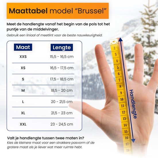Maattabel Brussel model: handlengte meten met meetlint van pols tot middelvinger voor de juiste handschoenmaat.