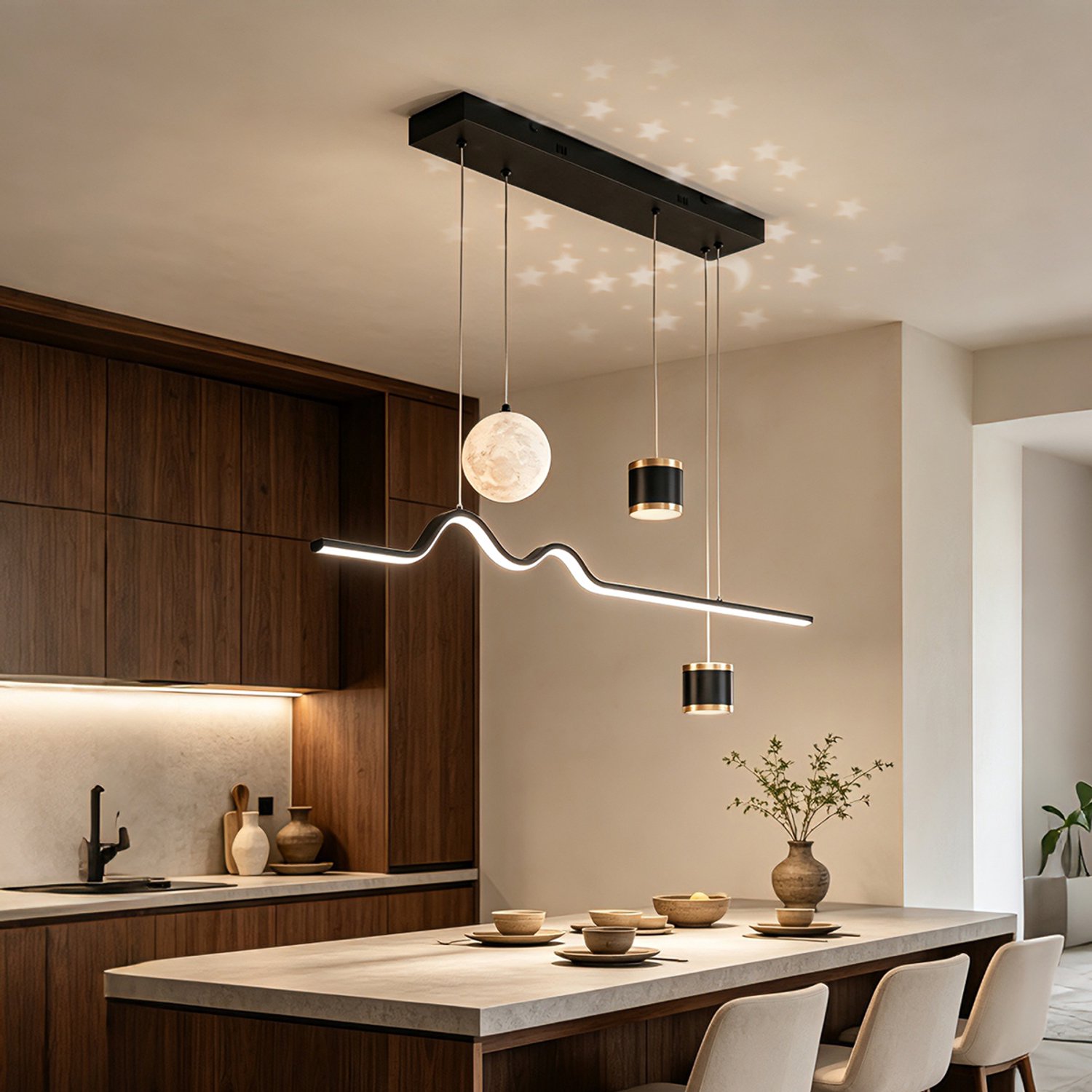 Epochglo LED-Hanglamp met Afstandsbediening - Zwart - Golvende Lichtbalk 100 cm - in Hoogte Verstelbaar tot 120 cm - 45 W 3800 lm - Dimbaar - 3000-6500 K - Nachtlampstand - Sterrenlicht - Timer 30 min - voor Eettafel, Woonkamer en Slaapkamer