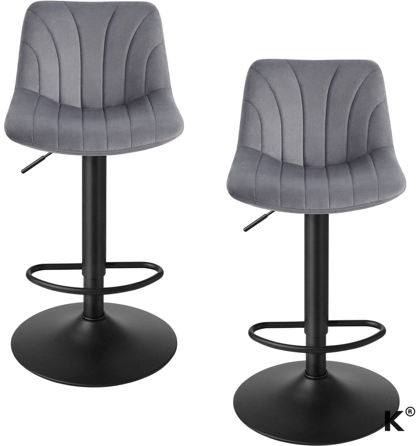 Klarven Barkruk Velours Grijs - Barkrukken met Rugleuning - Barkrukken Set van 2 - Bar Stool - 360° Draaibaar, Traploos in Hoogte Verstelbaar, Belastbaar tot 120 kg