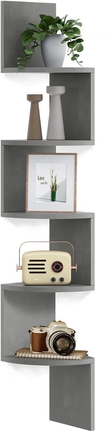 Klarven Wandplank Hout Duifgrijs - Wandplank Zwevend - Boekenrek - Floating Shelf - 5 Niveaus, Draagvermogen 6kg per Plank - Hoekrek 20x20x126 cm