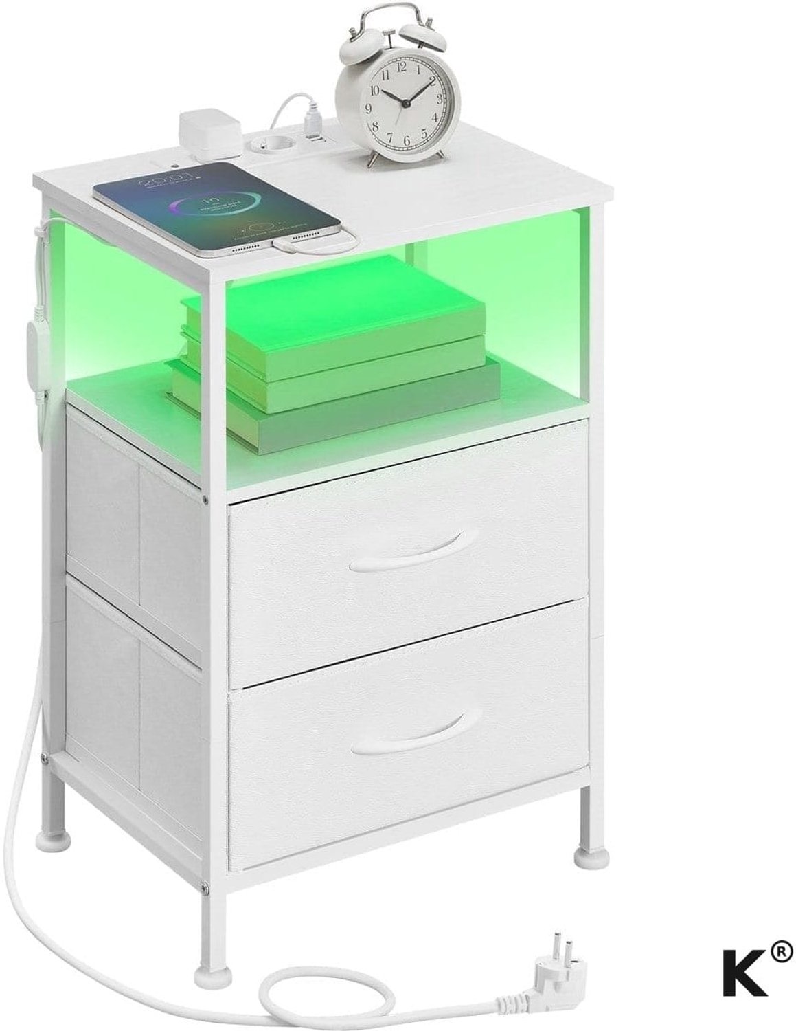 Klarven Nachtkastje Wit - Nightstand - Met LED-verlichting en Oplaadstation - 2 Lades, Open Vak - 39,6x30x60,4 cm